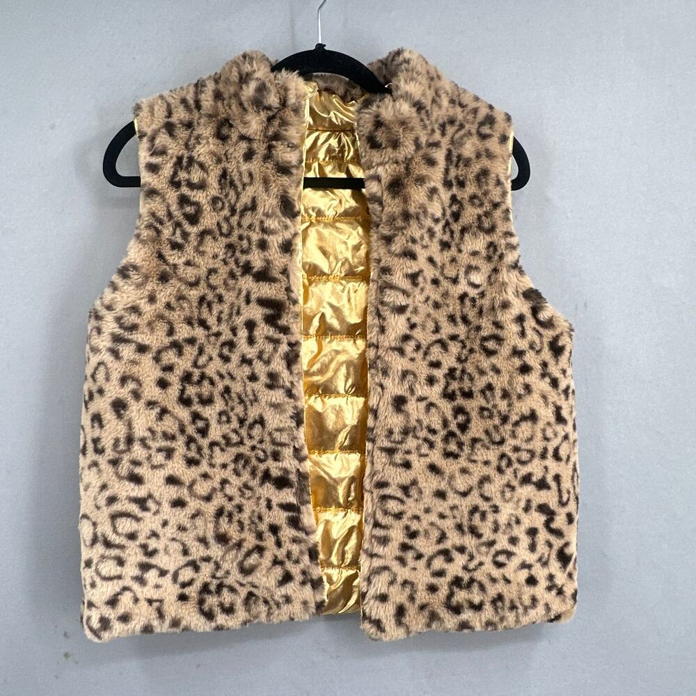 Epic Threads XL Reversible Faux Fur Vest Gold Puffer Leopard Y2K 90 Glam Metlaic
